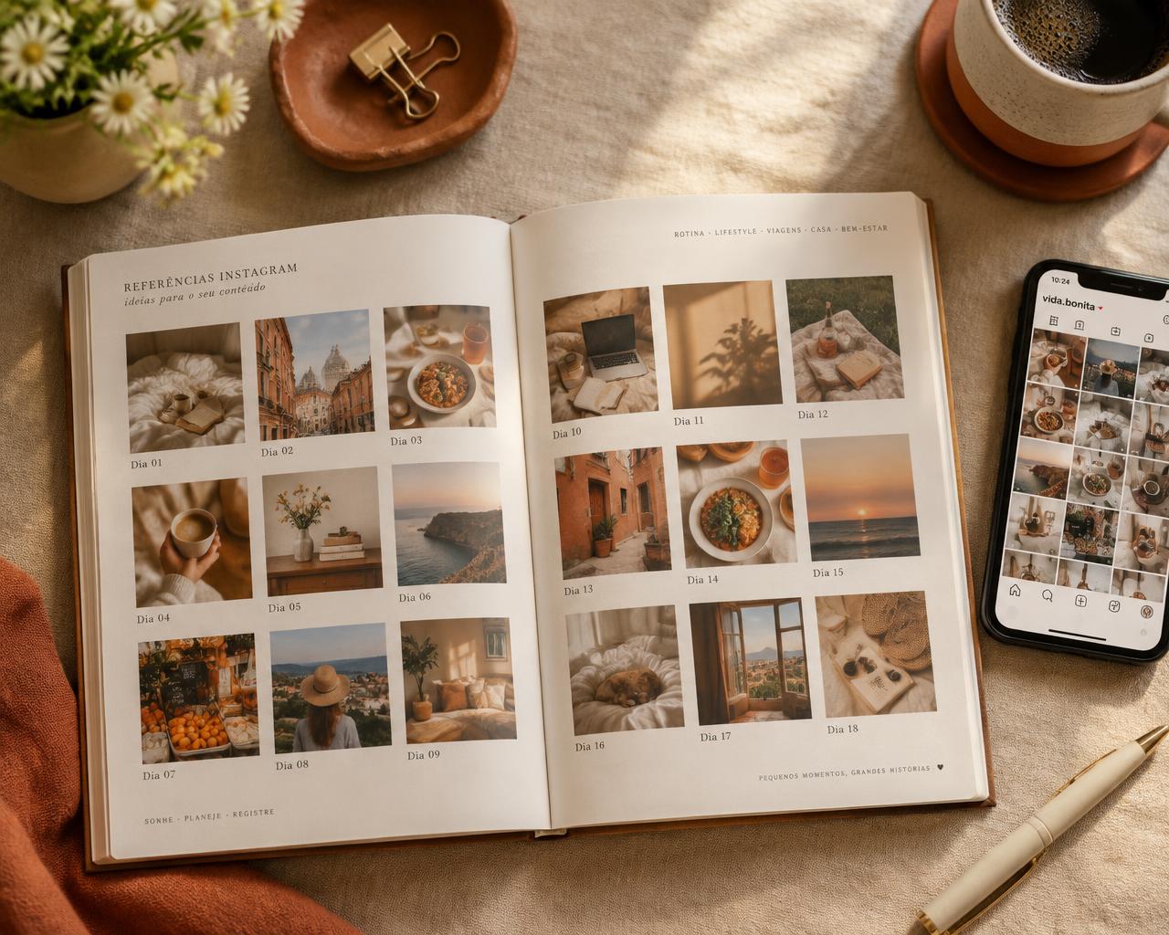 Planner 30 Dias de Fotos aberto com referências de fotos e celular